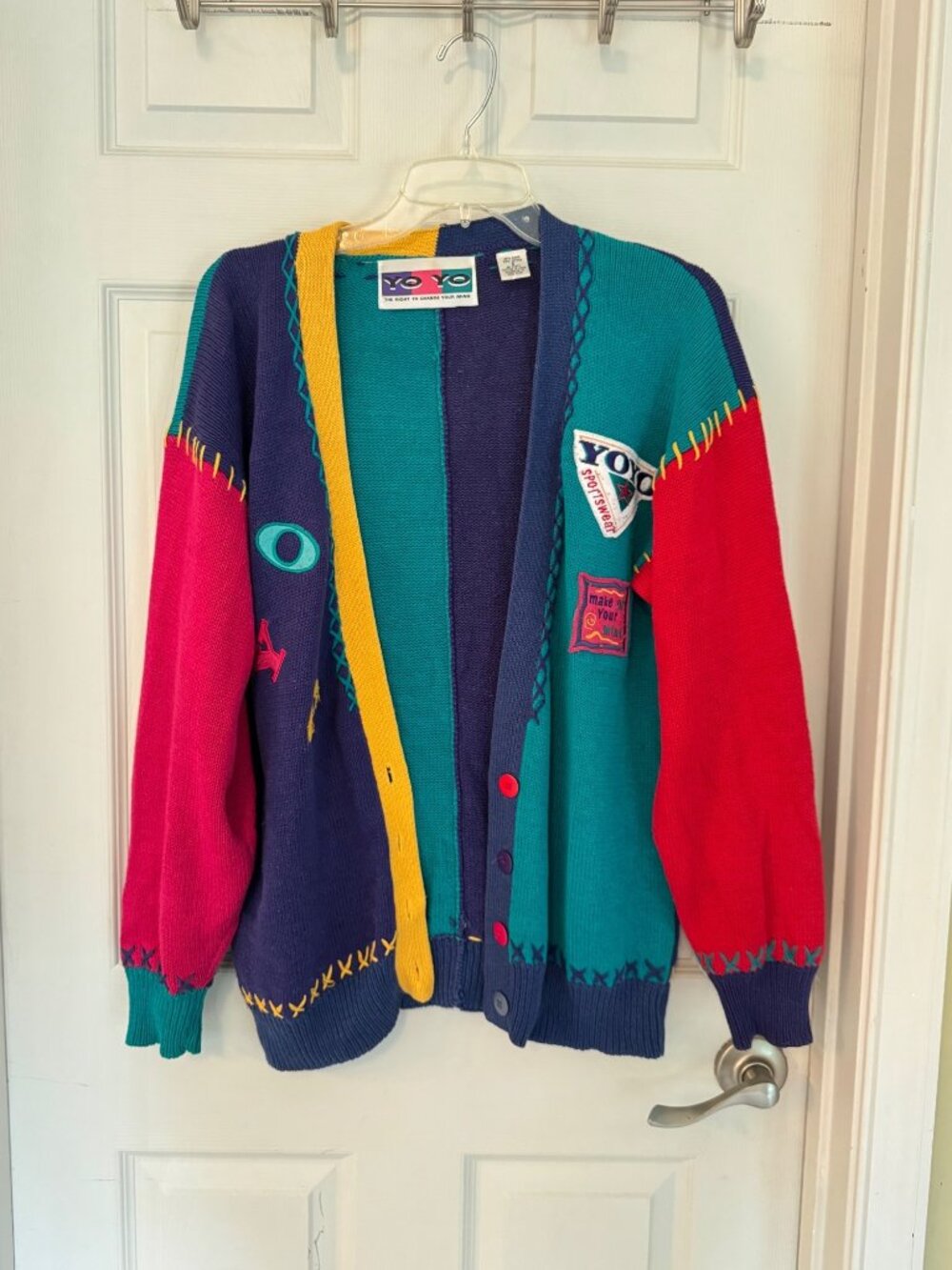 Vintage YOYO Colorblock Knit Cardigan Sweater Patch Primary ABC 90s 80s Small - Picture 4 of 10